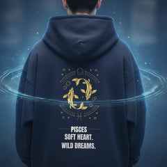 Navy blue hoodie with gold and white text and graphics on a light gray background