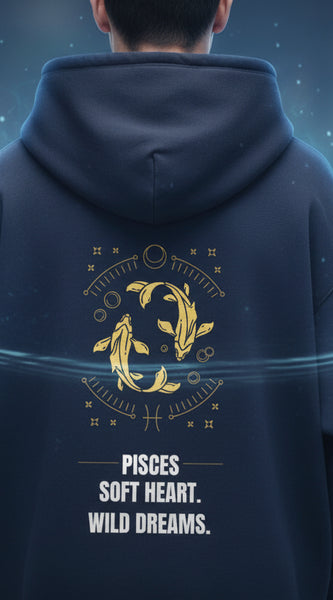 Navy blue hoodie with gold and white text and graphics on a light gray background