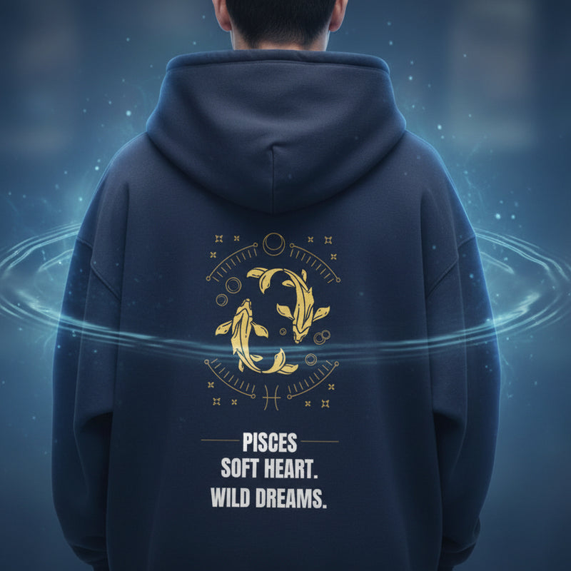 Navy blue hoodie with gold and white text and graphics on a light gray background