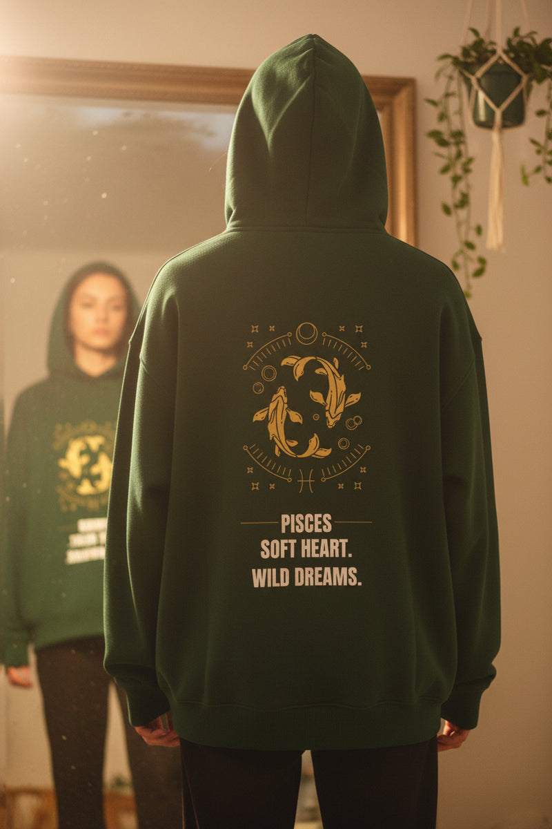 Bottle Green hoodie with gold and white text and graphics on a light gray background
