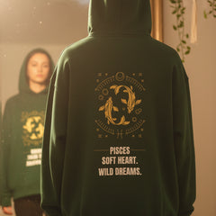 Bottle Green hoodie with gold and white text and graphics on a light gray background
