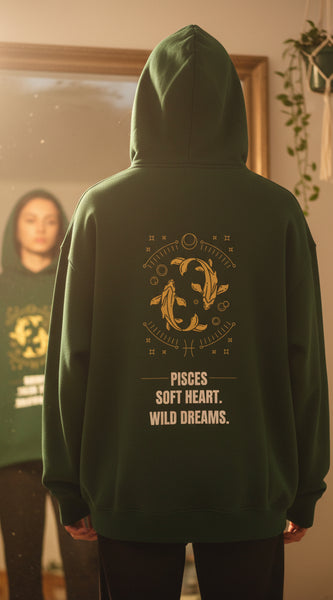 Bottle Green hoodie with gold and white text and graphics on a light gray background