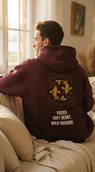 Maroon hoodie with Scorpio zodiac design and text on a white background