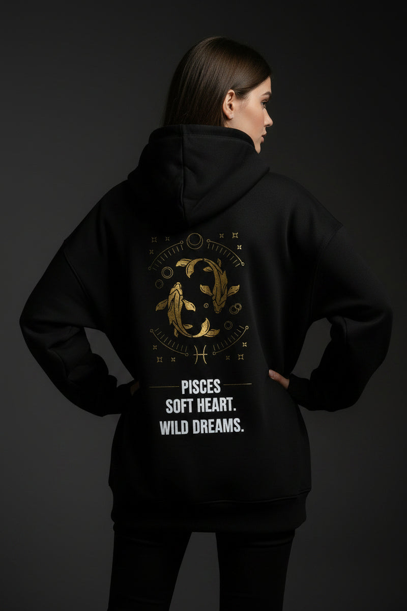Black hoodie with gold and white text and graphics on a light gray background
