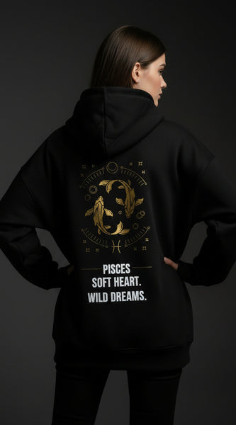 Black hoodie with gold and white text and graphics on a light gray background