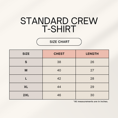 Standard crew t-shirt size chart with chest and length measurements on a white background