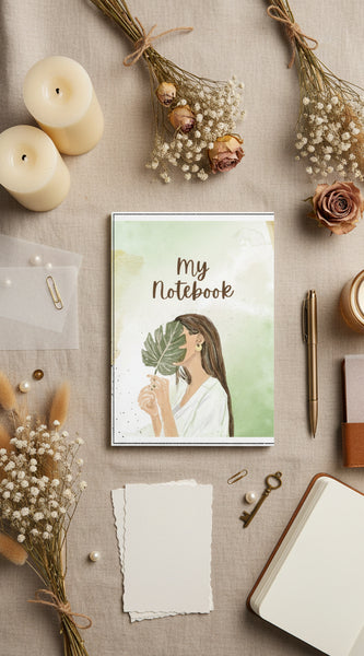 Notebook cover with illustration of a woman holding a leaf and text 'My Notebook' on a light green background.