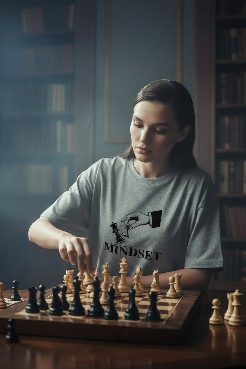 Gray t-shirt with a graphic design and the word 'MINDSET' on a white background