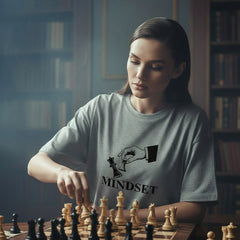 Gray t-shirt with a graphic design and the word 'MINDSET' on a white background