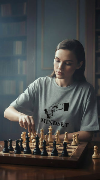 Gray t-shirt with a graphic design and the word 'MINDSET' on a white background
