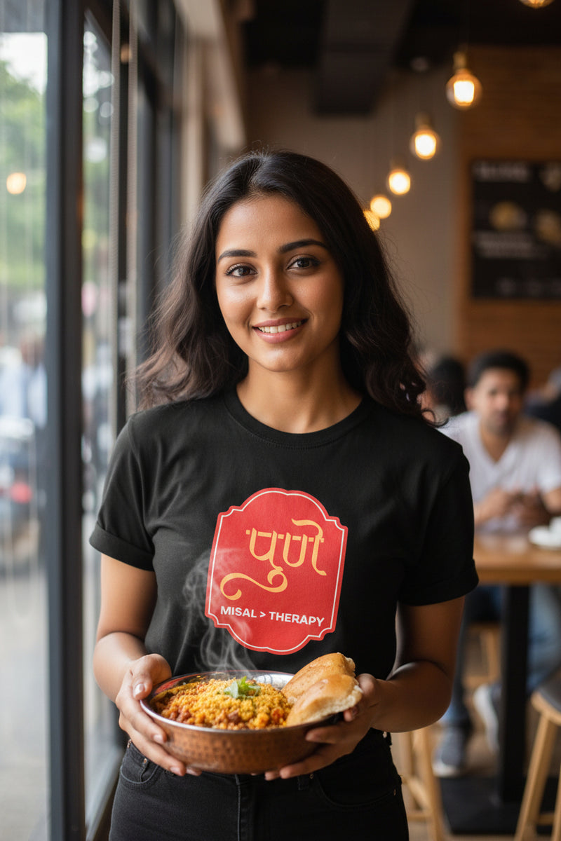 Black t-shirt with a red logo and text on a white background