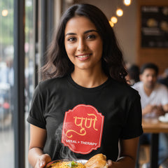 Black t-shirt with a red logo and text on a white background