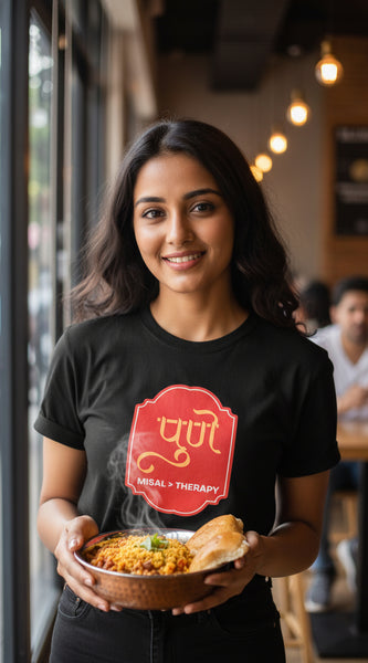 Black t-shirt with a red logo and text on a white background
