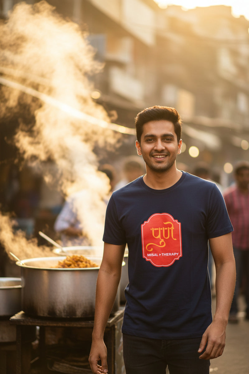 Blue t-shirt with a red logo and text on a white background