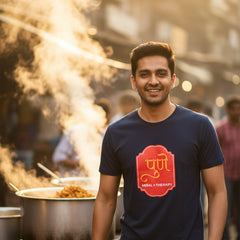 Blue t-shirt with a red logo and text on a white background