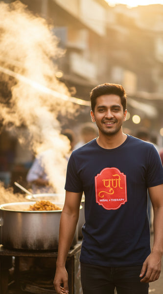 Blue t-shirt with a red logo and text on a white background