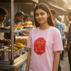 Pink t-shirt with a red logo and text on a white background