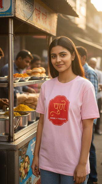 Pink t-shirt with a red logo and text on a white background