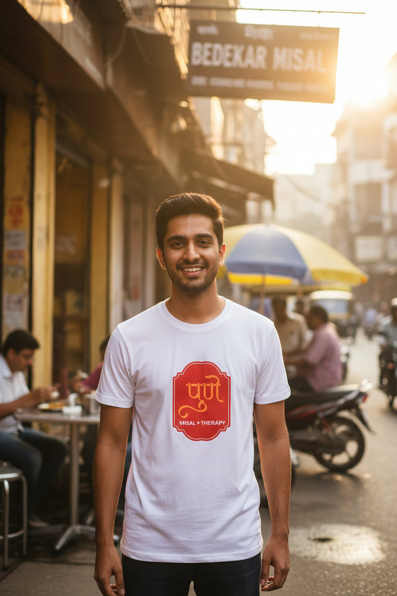 White t-shirt with a red logo and text on a white background