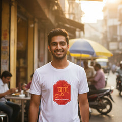 White t-shirt with a red logo and text on a white background