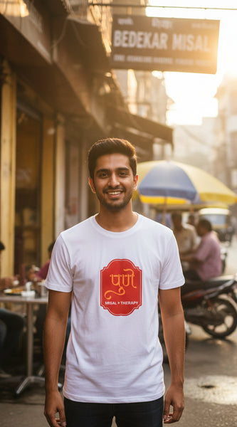 White t-shirt with a red logo and text on a white background