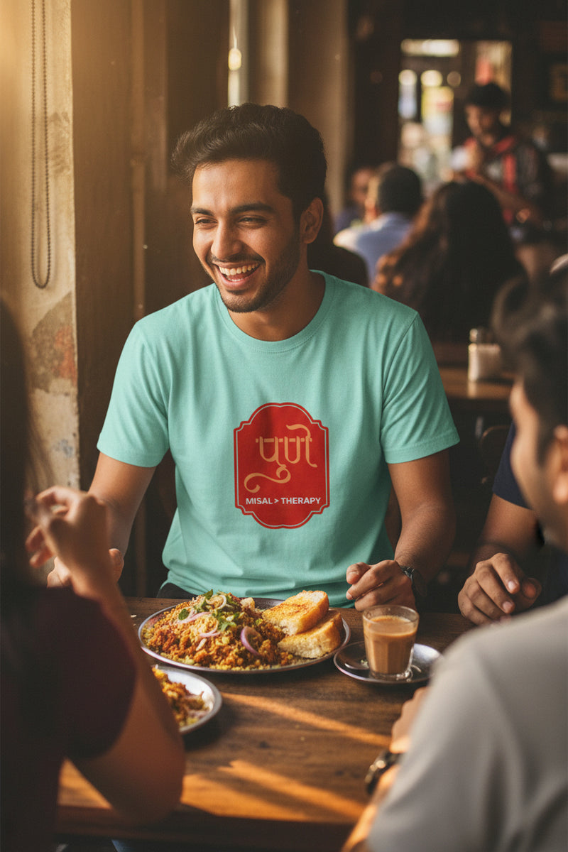Light blue t-shirt with a red graphic design on a white background