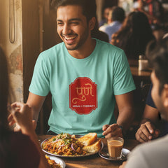 Light blue t-shirt with a red graphic design on a white background