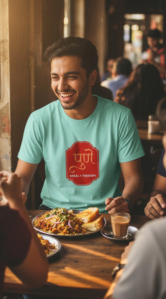 Light blue t-shirt with a red graphic design on a white background