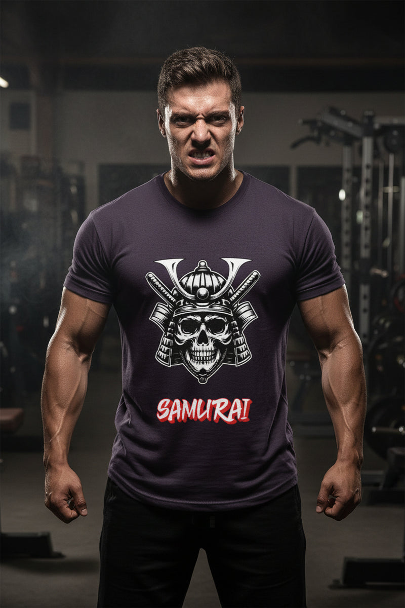 Purple  t-shirt with a skull and katana design and 'Samurai' text on a white background