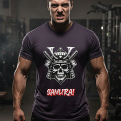 Purple  t-shirt with a skull and katana design and 'Samurai' text on a white background