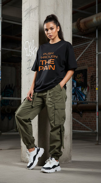 Black t-shirt with 'Push Through The Pain' text in orange on a white background