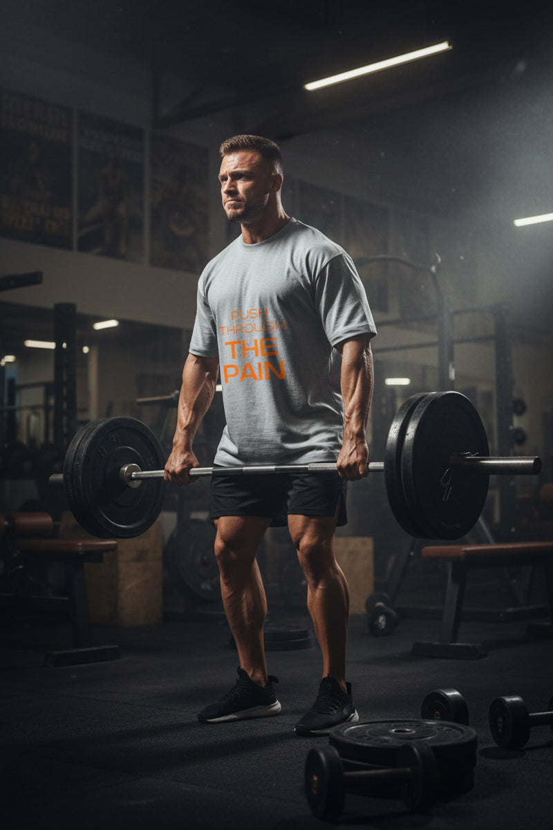 Gray t-shirt with 'Push Through The Pain' text in orange on a white background