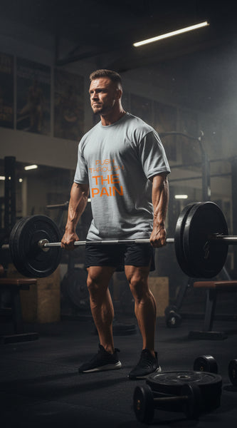 Gray t-shirt with 'Push Through The Pain' text in orange on a white background