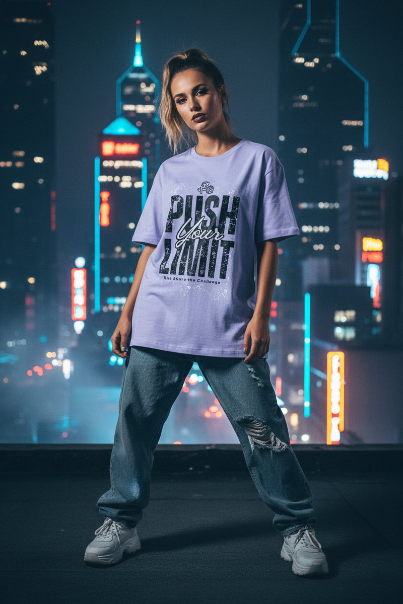 Light purple t-shirt with motivational text design on a white background