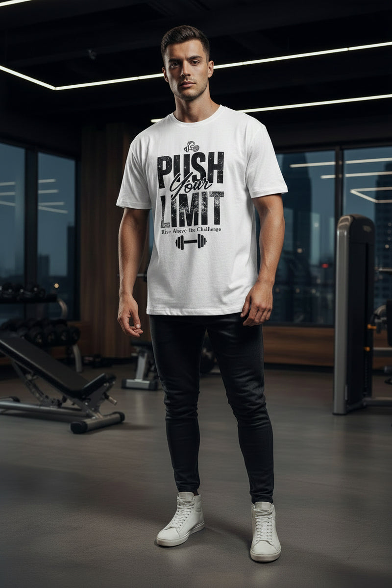 White t-shirt with 'Push Your Limit' text on a white background