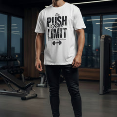 White t-shirt with 'Push Your Limit' text on a white background