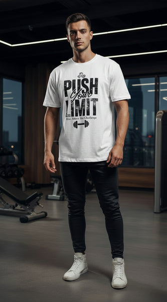 White t-shirt with 'Push Your Limit' text on a white background