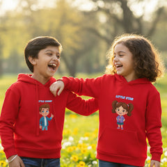 Child wearing a red hoodie with a graphic design on a white background