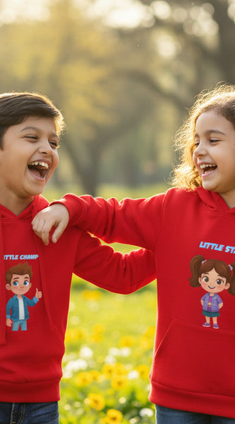 Child wearing a red hoodie with a graphic design on a white background