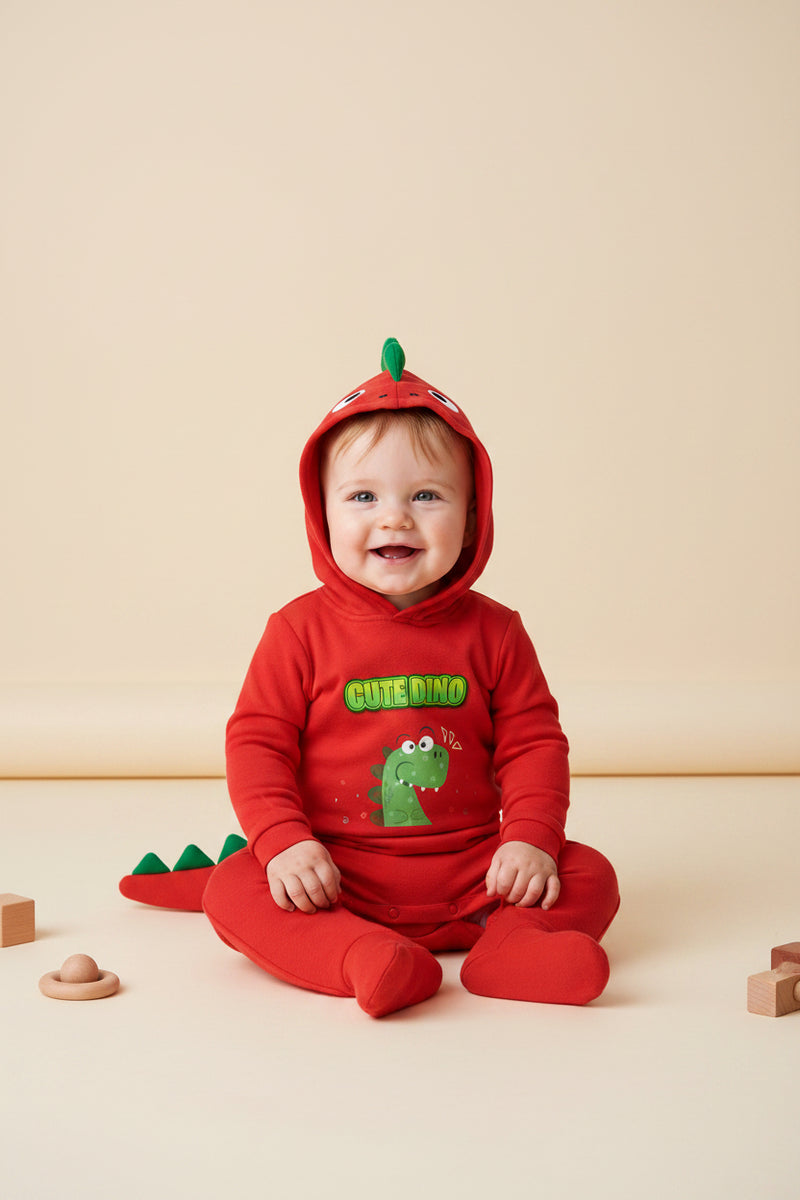 Red baby onesie with green dinosaur graphic and 'Cute Dino' text on a white background
