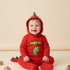 Red baby onesie with green dinosaur graphic and 'Cute Dino' text on a white background