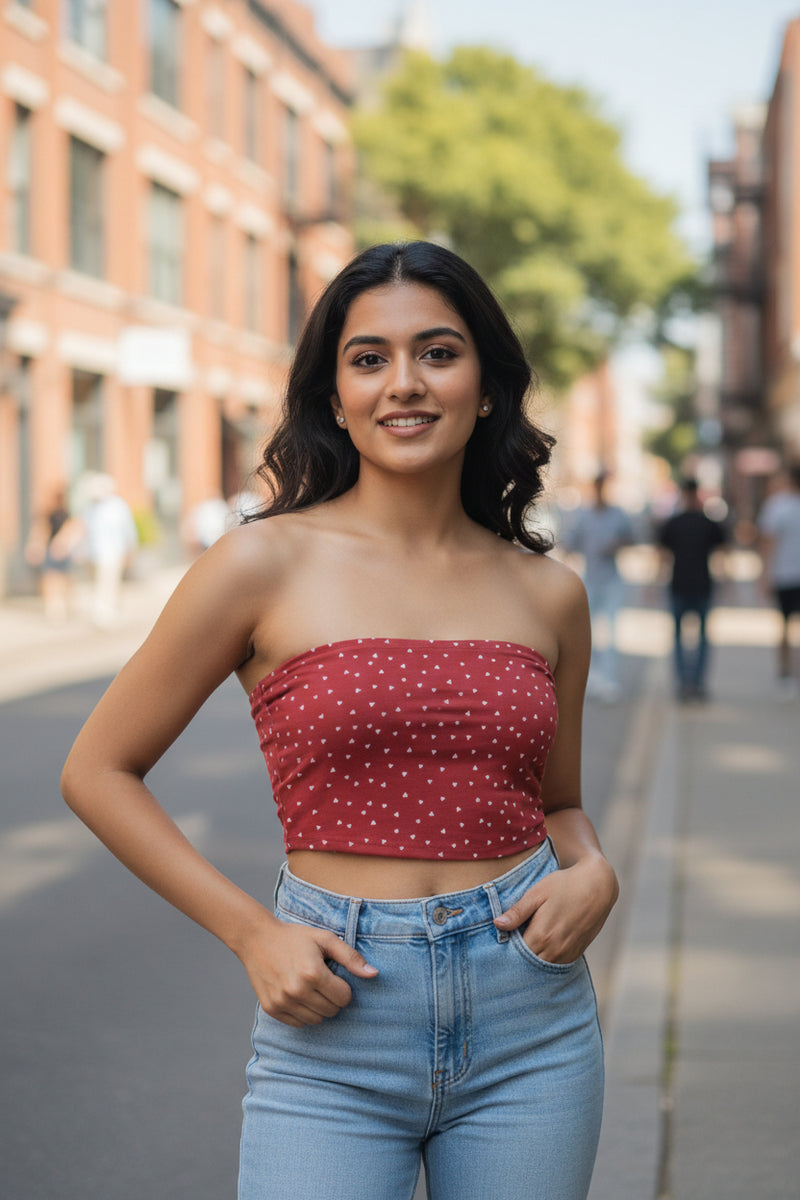 Person wearing a strapless polka dot top and blue jeans on a plain background