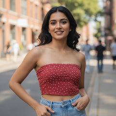 Person wearing a strapless polka dot top and blue jeans on a plain background