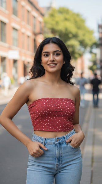 Person wearing a strapless polka dot top and blue jeans on a plain background