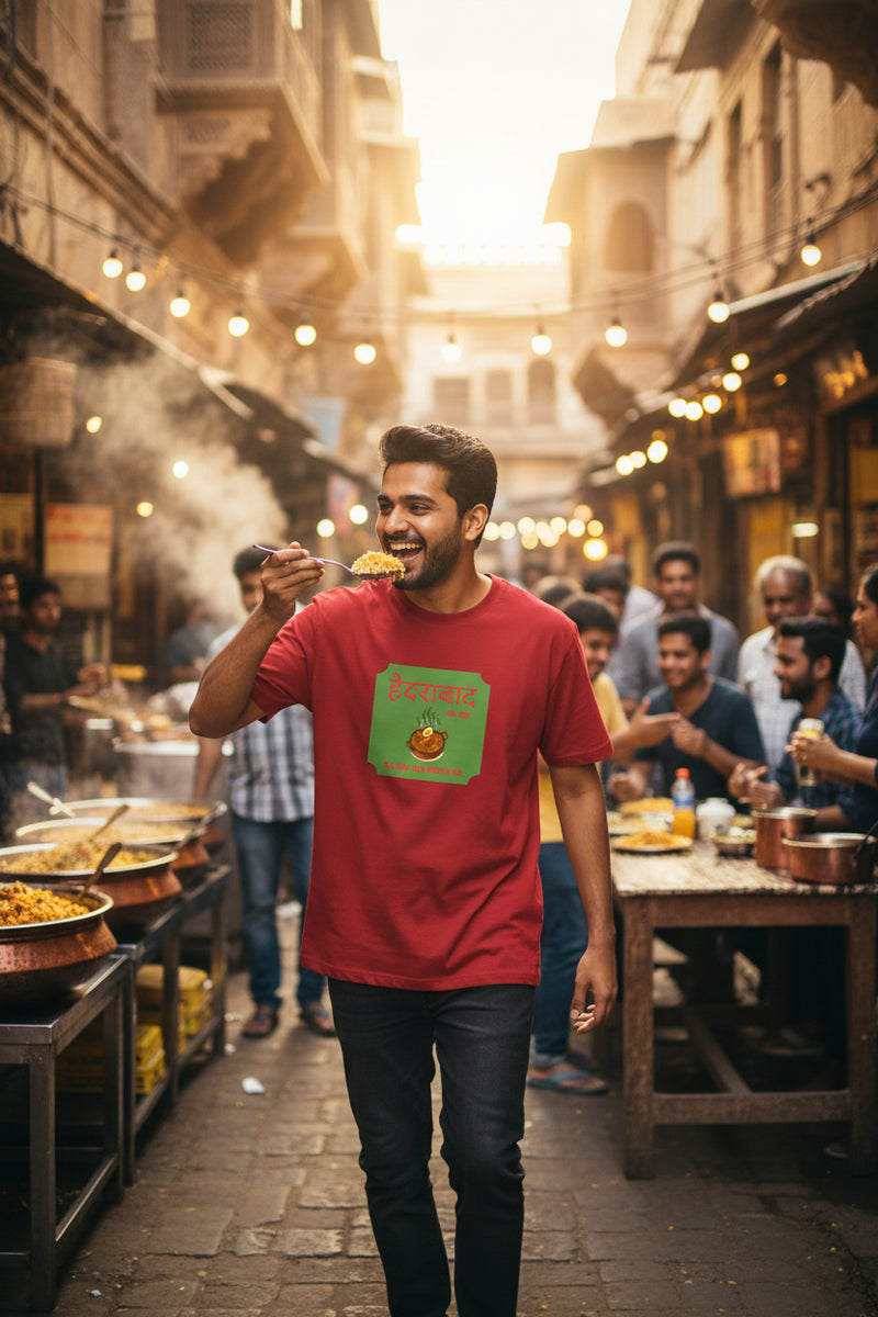 Red t-shirt with a green graphic and text on a white background