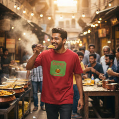 Red t-shirt with a green graphic and text on a white background