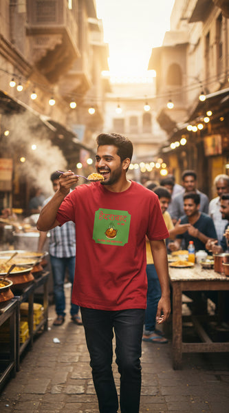 Red t-shirt with a green graphic and text on a white background