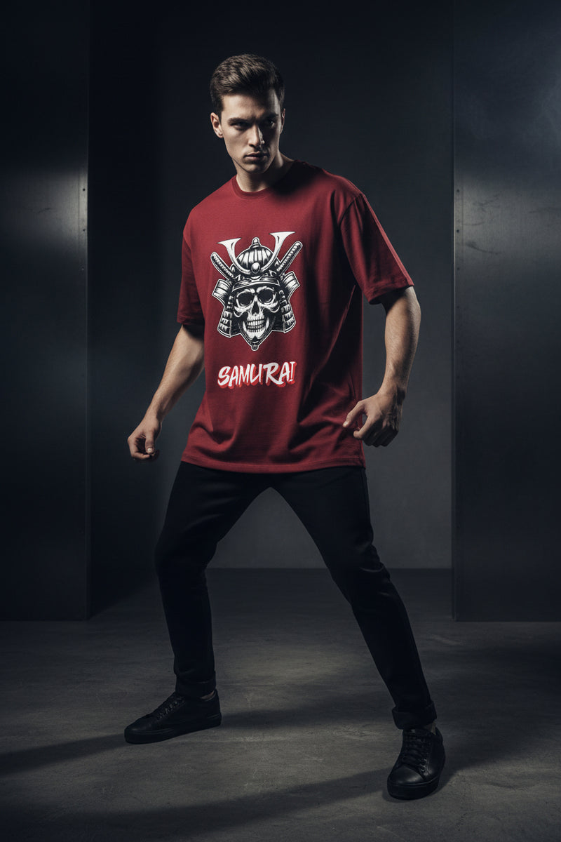 Red t-shirt with a skull and samurai helmet graphic and 'SAMURAI' text on a white background