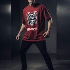 Red t-shirt with a skull and samurai helmet graphic and 'SAMURAI' text on a white background