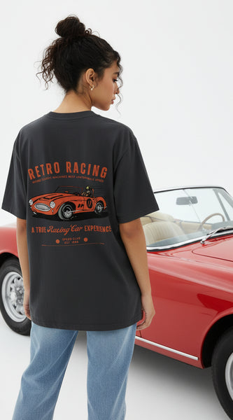 Black t-shirt with retro racing car graphic on a white background